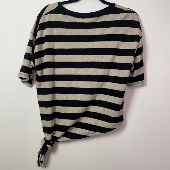 Zara Black and Tan Short Sleeve Striped Tee Tie Waist Top Size Small - Picture 3 of 14